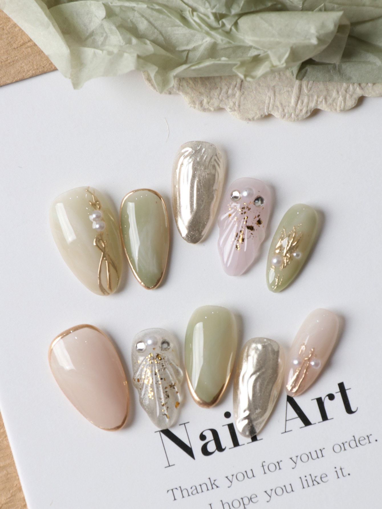 Nail Adhesive Tab - 10 Stück Acryl Aufklebenägel Grün Weiß