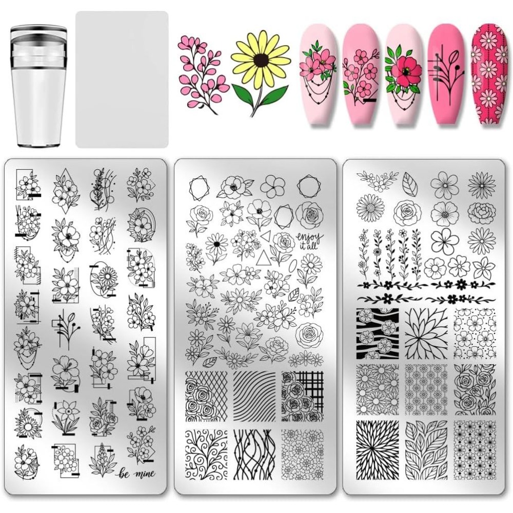 Nail Art Inspo - 3 Stück Blumen-Nagelstempelplatten, Blätter-Nagelkunstplatten, Pflanzenthemen-Nageldesign-Schablonen, Gänseblümchen-Rosen-Maniküre-Kunstvorlagen