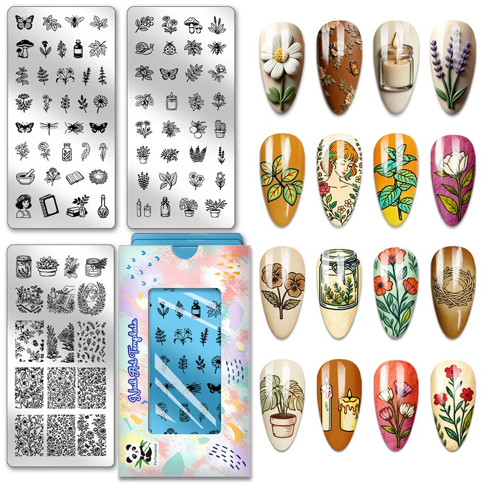 Nail Art Inspo - 3 Stück Insekten-Pflanzen-Nagelstempelplatten, Bienen, Schmetterlinge, Nagelkunst-Schablonen,