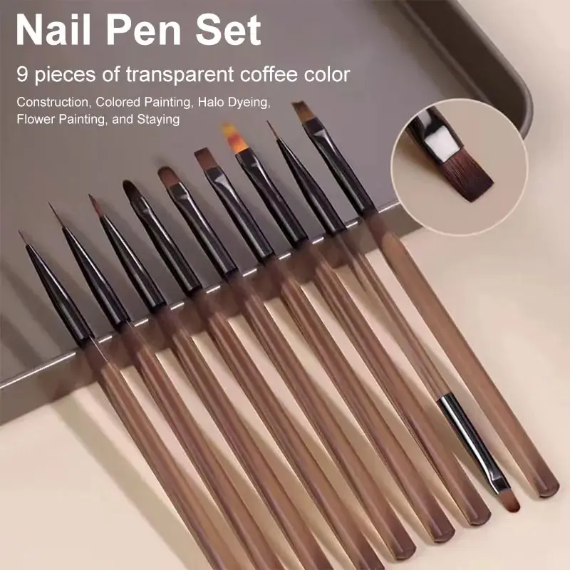 Nail Art Sch - 9-teiliges Multi-Kopf Nagelkunst-Pinselset mit Bernsteinfarbenem Holzgriff,